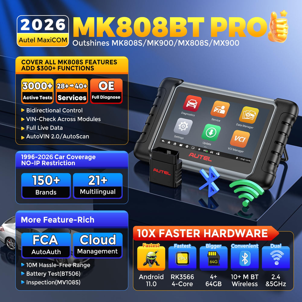 Autel MK808BT PRO device display showing Android 11 interface for quick checks.
