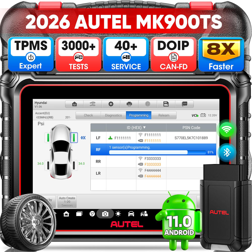 Autel MK900TS front display shows full-system diagnostics in action.