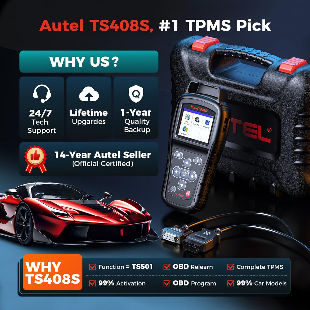 Autel TS408S one-year warranty and 24/7 support badge.