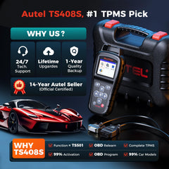 Autel TS408S one-year warranty and 24/7 support badge.