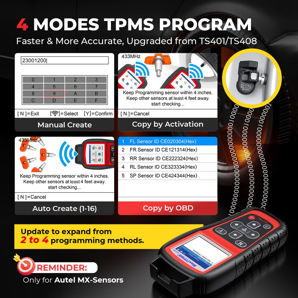 Autel TS508WF sensor-activation: wireless activation of TPMS sensors.