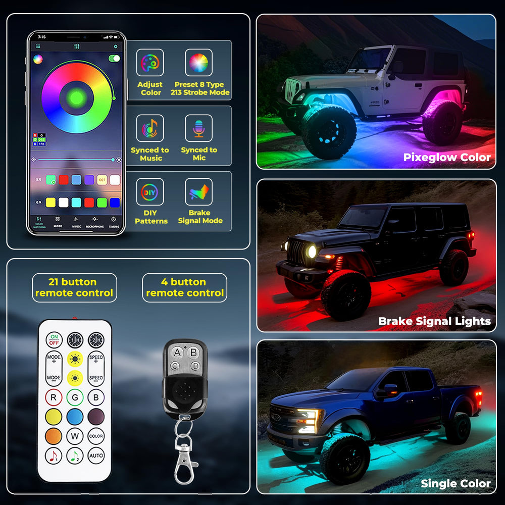 Auto Buero RGB rock light with dynamic modes enhances off-road night aesthetics.