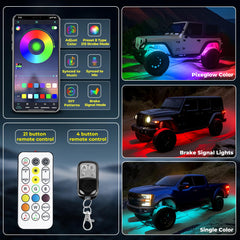 Auto Buero RGB rock light with dynamic modes enhances off-road night aesthetics.
