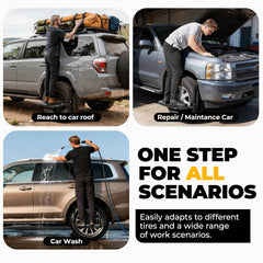 Auto Dynasty folding tire step helps reach rooftop carriers and high cargo areas.