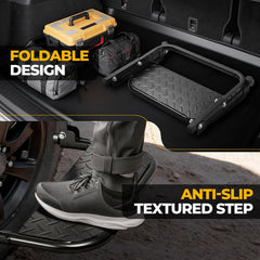 Auto Dynasty folding tire step with rubber padding protects tire surfaces during use.