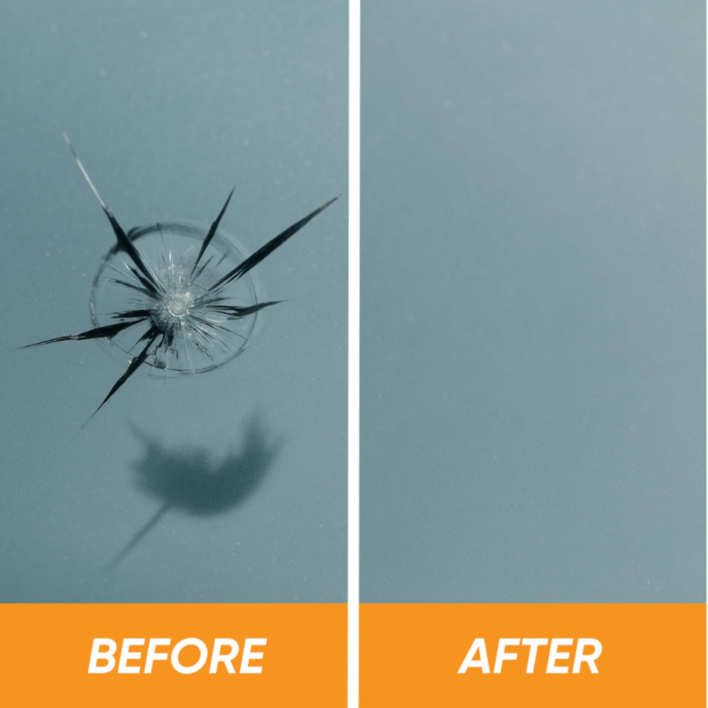 AUTO PRO DIY windshield chip close-up reveals repair detail.