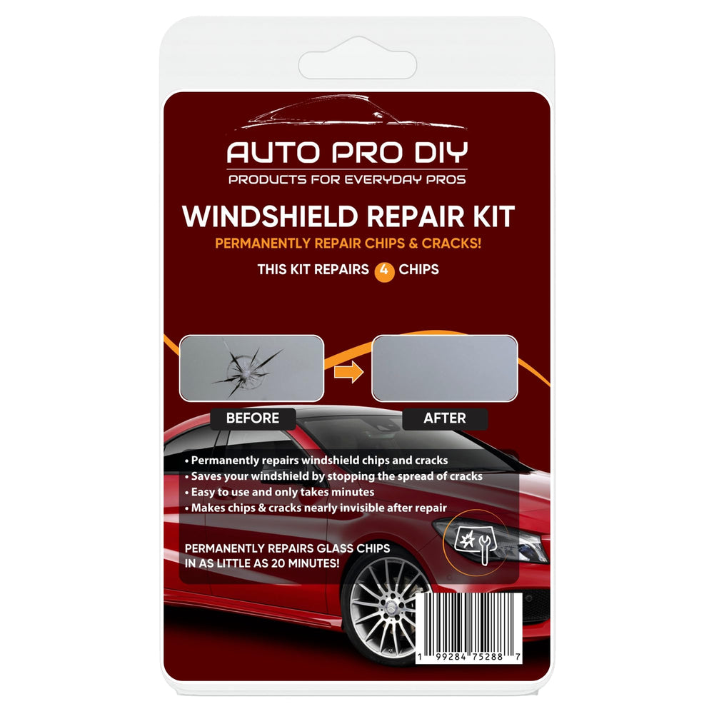 AUTO PRO DIY windshield repair kit box shows four-pack for quick repairs.