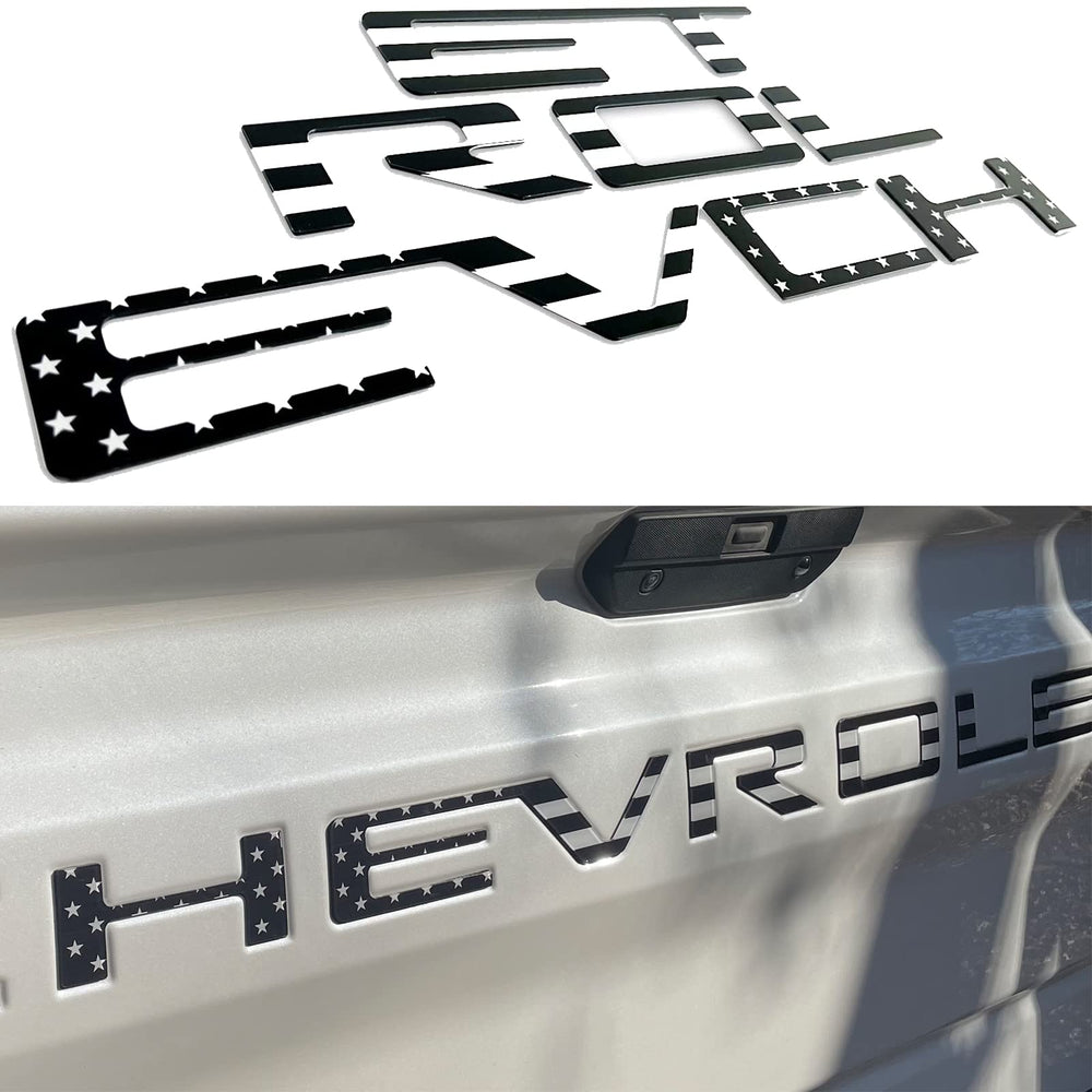 Auto Safety tailgate letters 3D emblems in black flag design resist weather and upgrade look.