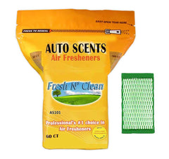 Auto Scents Fresh N' Clean pad in car vent for long-lasting odor control.
