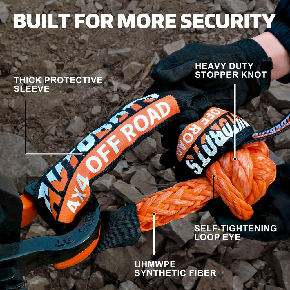 AUTOBOTS abrasion-sleeve protection on soft shackle prevents wear during pulls