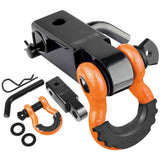 AUTOBOTS tow hitch receiver 2in shown with 3/4 D-Ring shackle for secure towing applications.