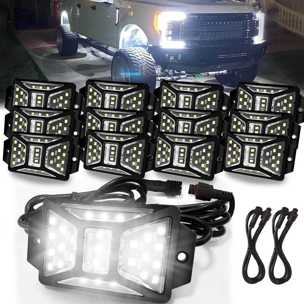 Auto Buero 12 pods pure white rock lights illuminate rugged undercarriage with wide-angle coverage.