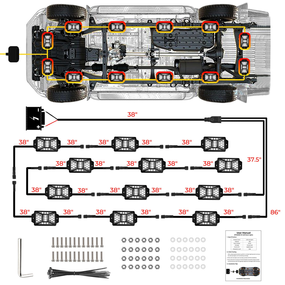Auto Buero rock lights with on/off switch and safety fuse for reliable operation.