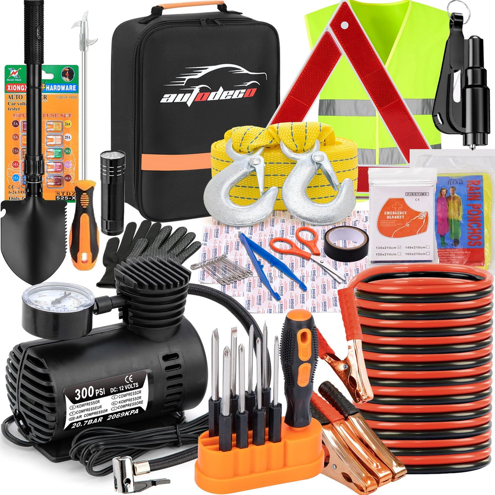AUTODECO car emergency kit with jumper cables for safe roadside boosts.