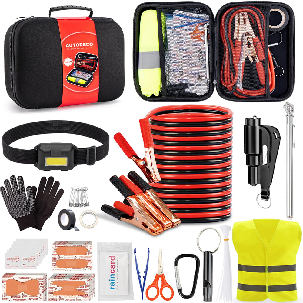 AUTODECO car roadside emergency kit front view, compact design for quick access