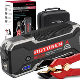 AUTOGEN 6000A jump starter front view with rugged clamps for quick battery boosts.