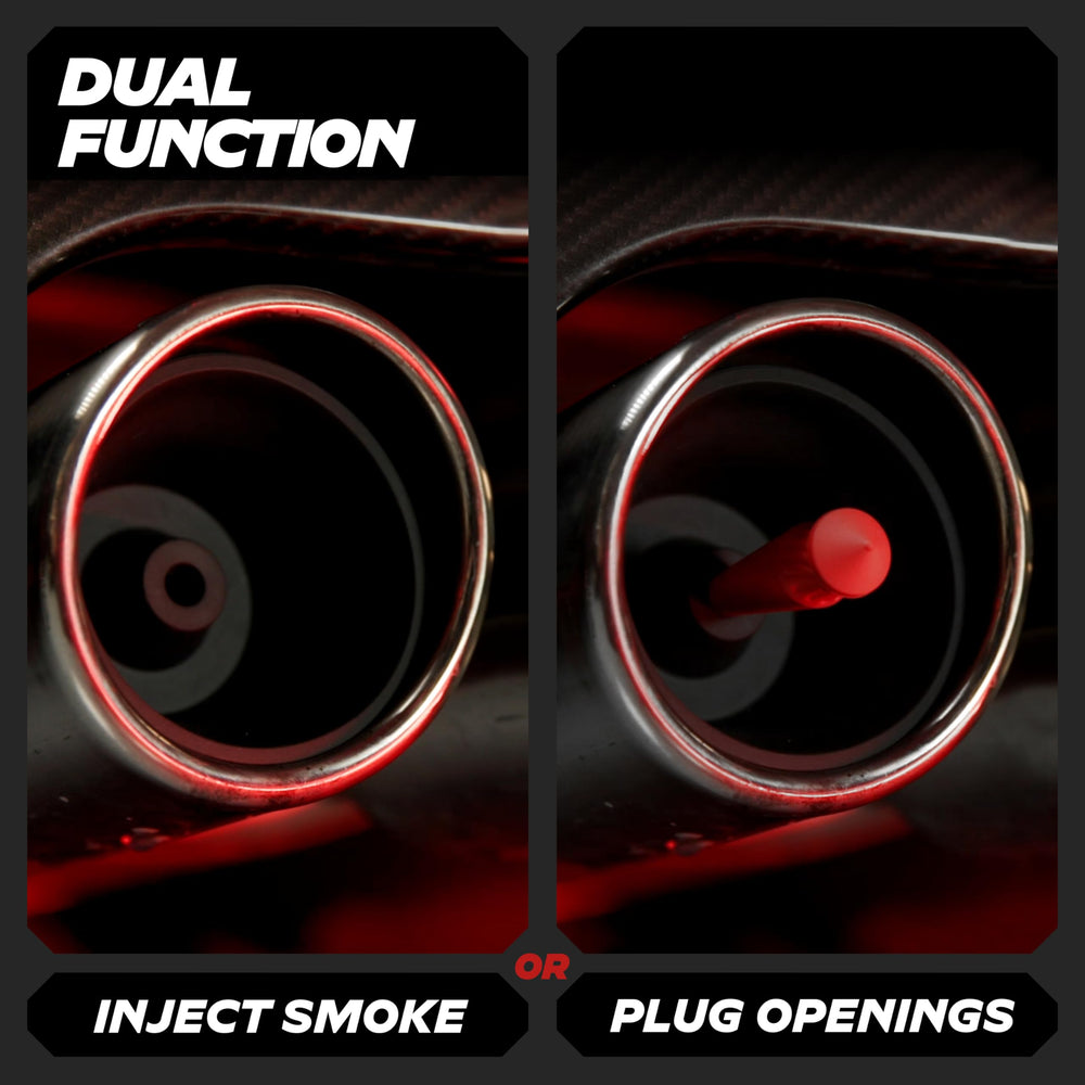 Dual tailpipe test setup showing one side injection, the other sealed.