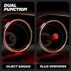 Dual tailpipe test setup showing one side injection, the other sealed.