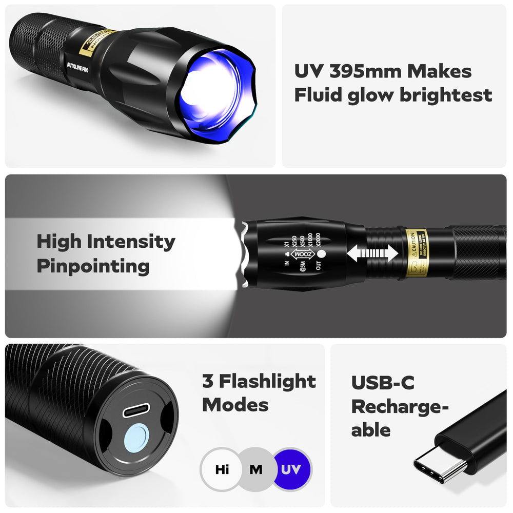 AutoLine Pro UV Kit for exhaust leak detection with clear UV visualization