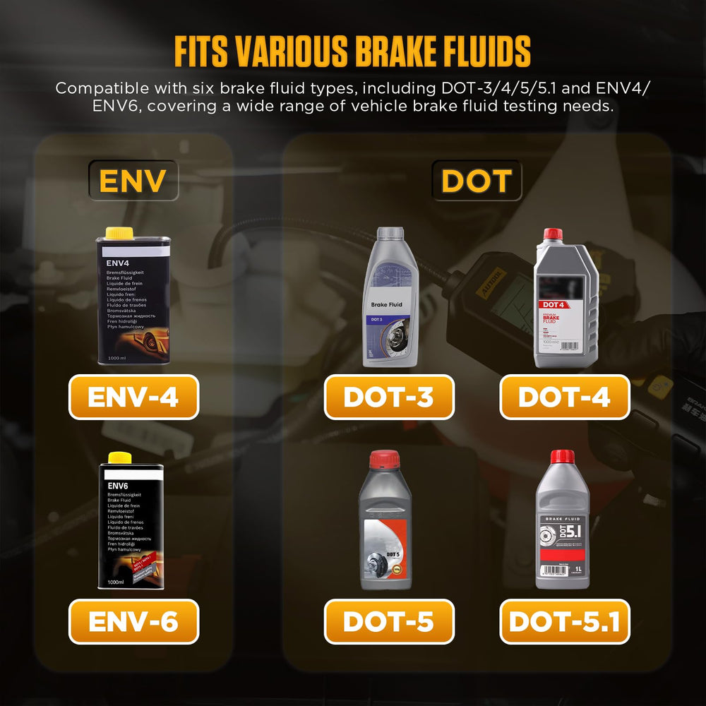 AUTOOL AS501 DOT fluids compatibility screen indicates supported brake fluid types