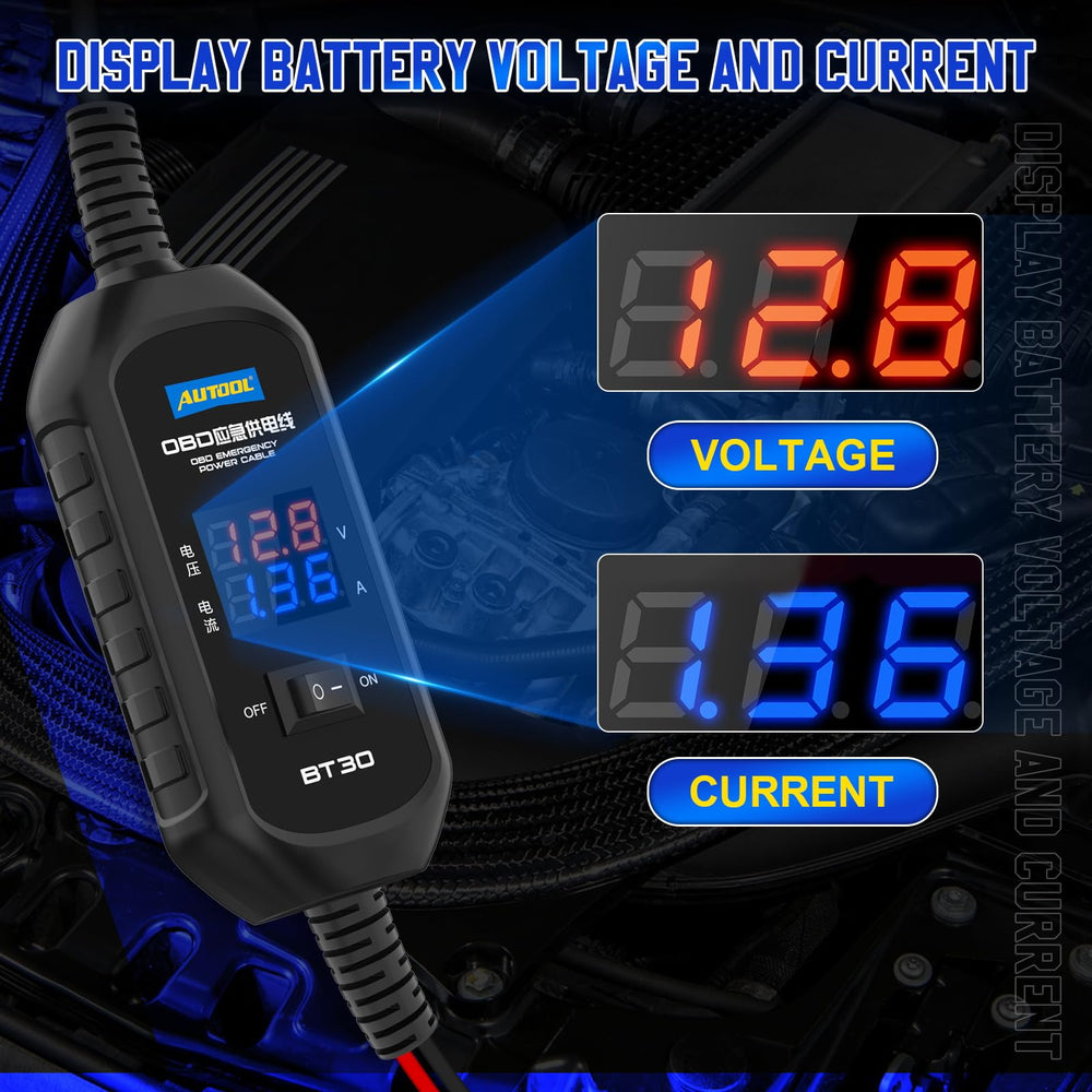 AUTOOL digital display shows voltage and current for easy on-car monitoring.