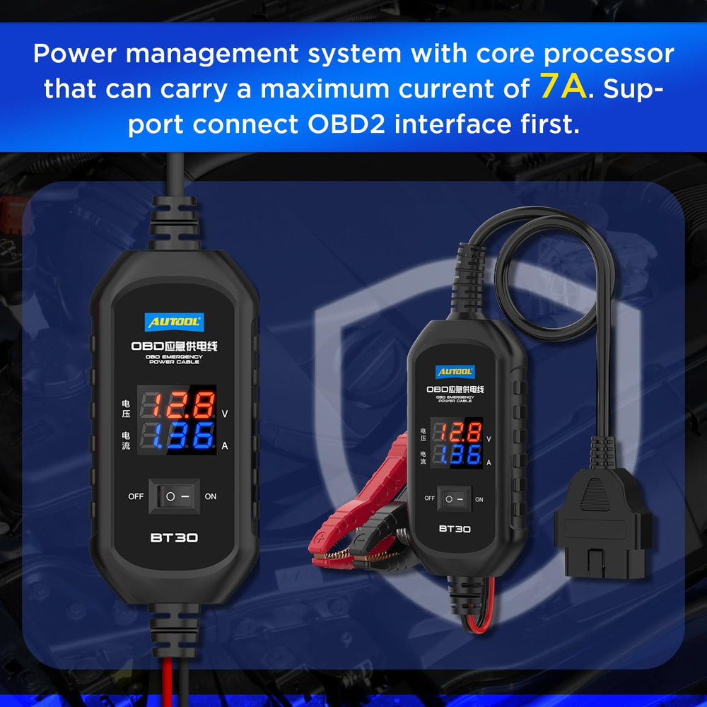 AUTOOL memory saver provides steady ECU power during battery replacement to preserve data.