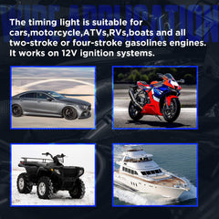 AUTOOL timing light wide application works with cars, motorcycles, boats and more.