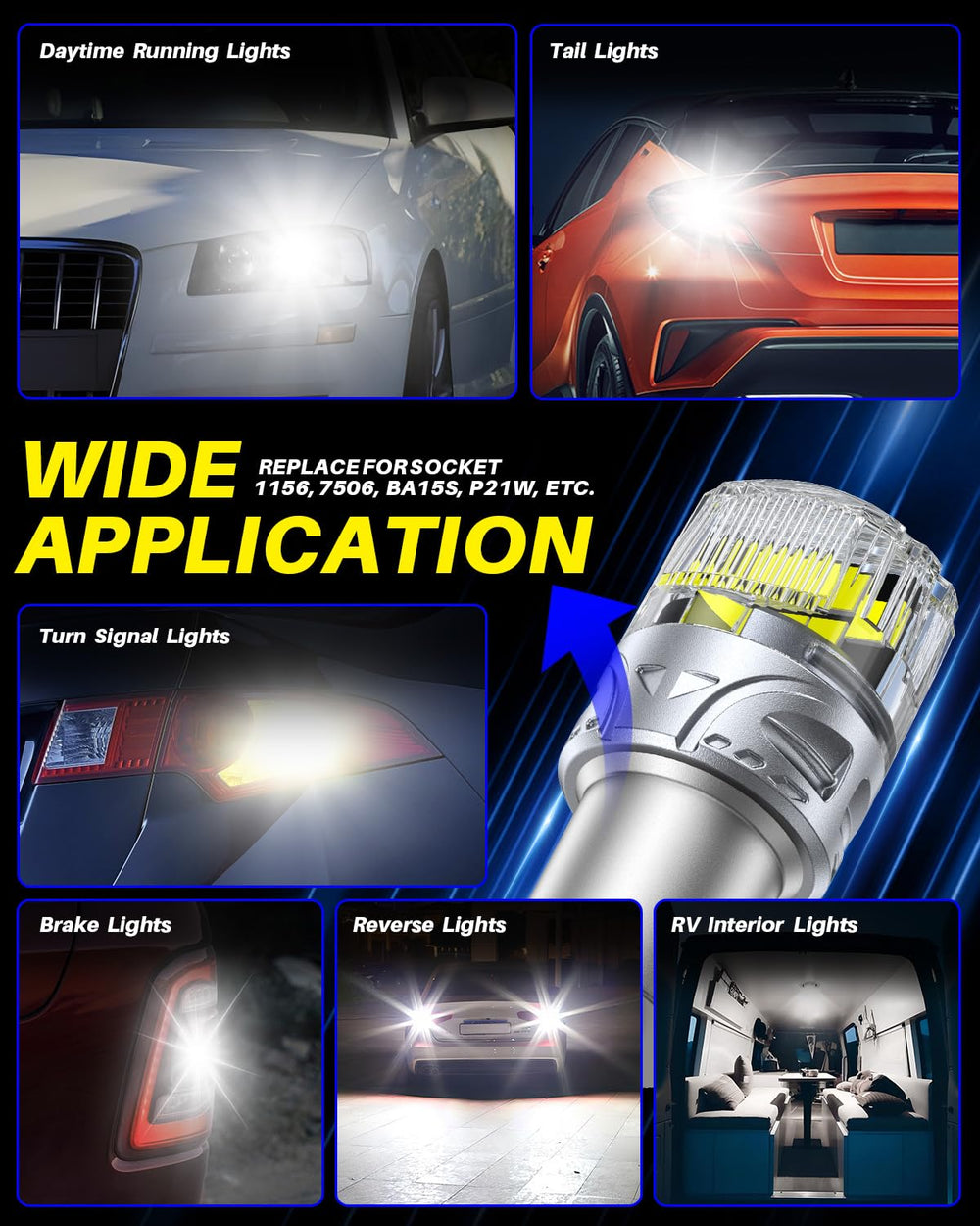 AutoOne 1156 LED bulb pack 2 for full vehicle replacement.