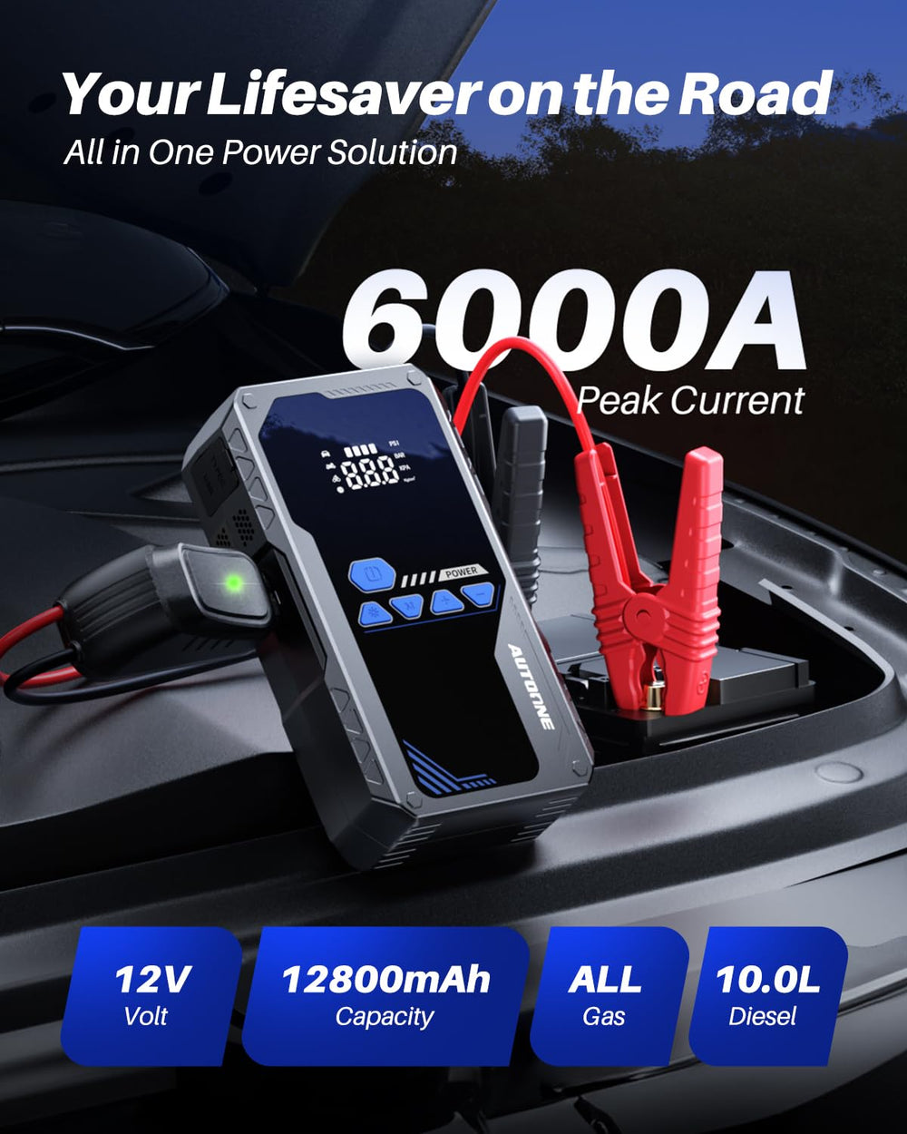 AUTOONE 6000A LED flashlight in use for nighttime roadside aid.