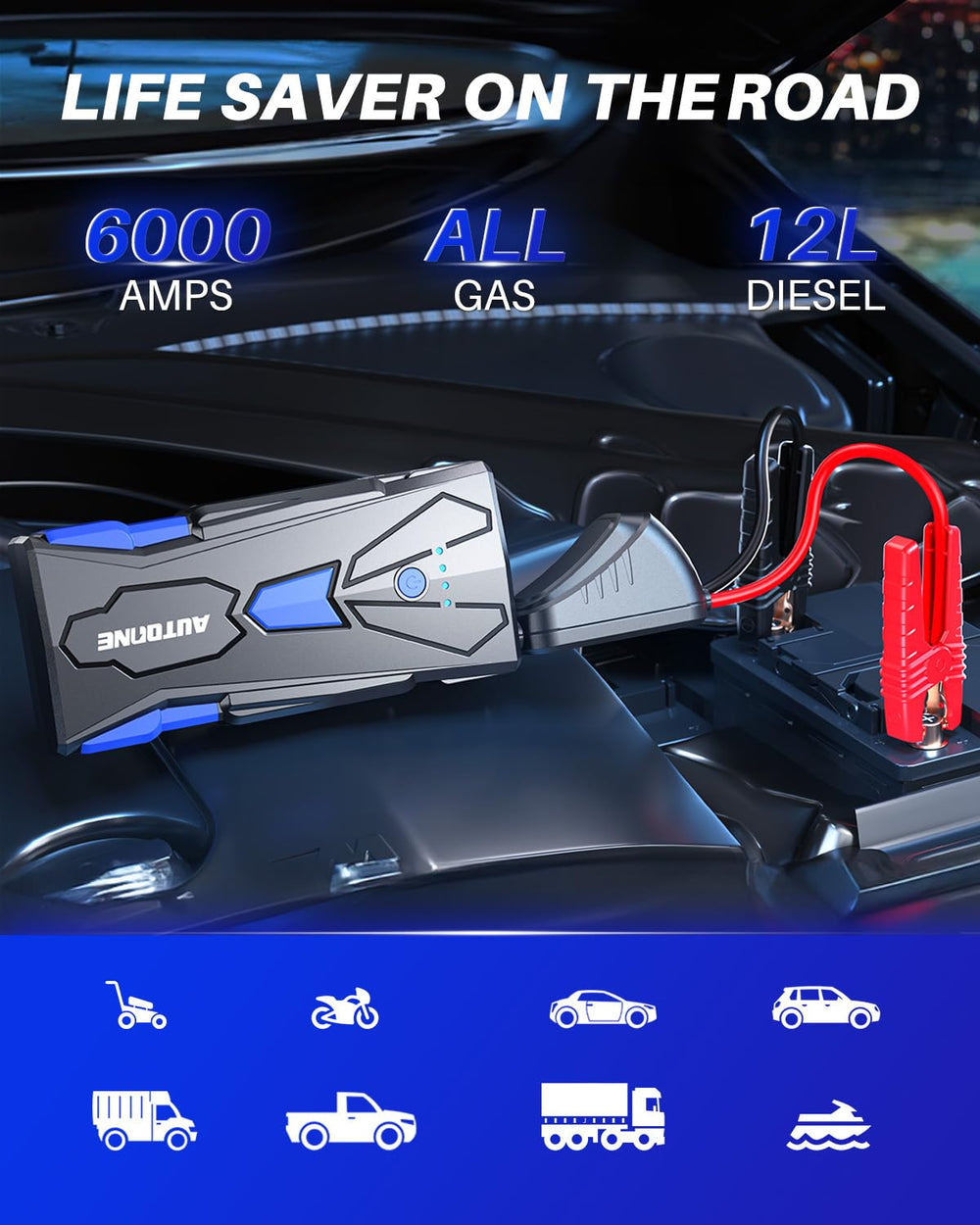 AUTOONE 6000A versatile usage powers multiple vehicles with one portable unit.