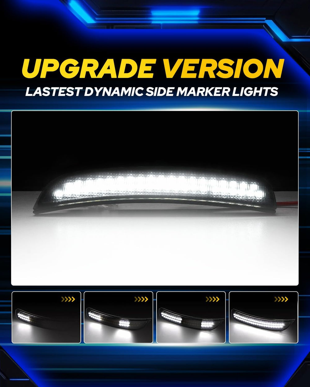AUTOONE side-marker close-up showing smoked lens and bright LEDs