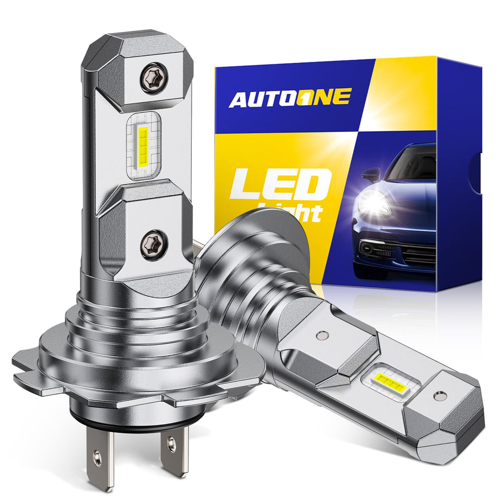 AUTOONE H7 LED bulb front view delivers bright 6500K cool white illumination for clearer night visibility.