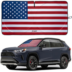 Autopect Windshield Sun Shade with patriotic stars and stripes design for vibrant sun protection.