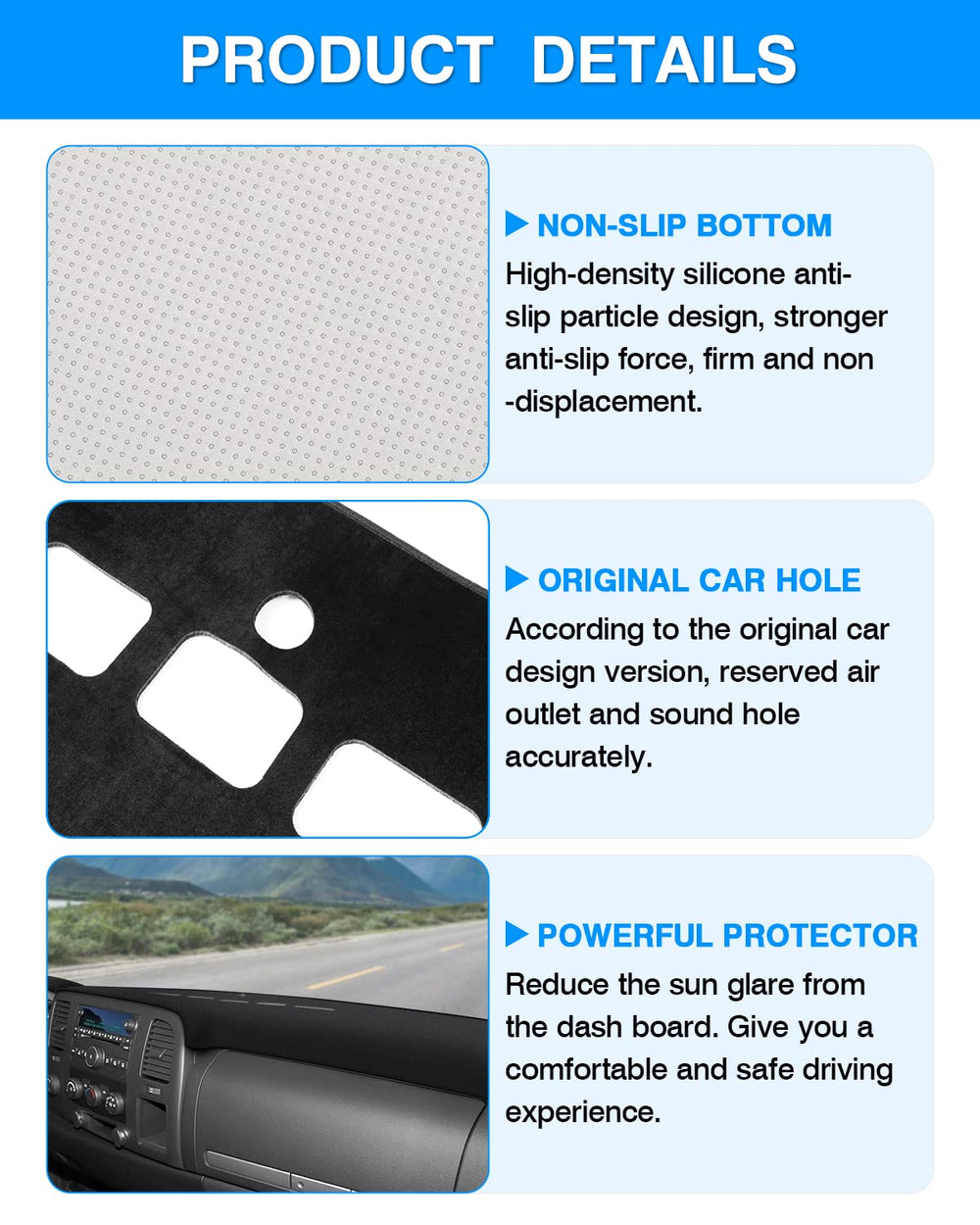 Autorder dash cover easy installation without adhesives.