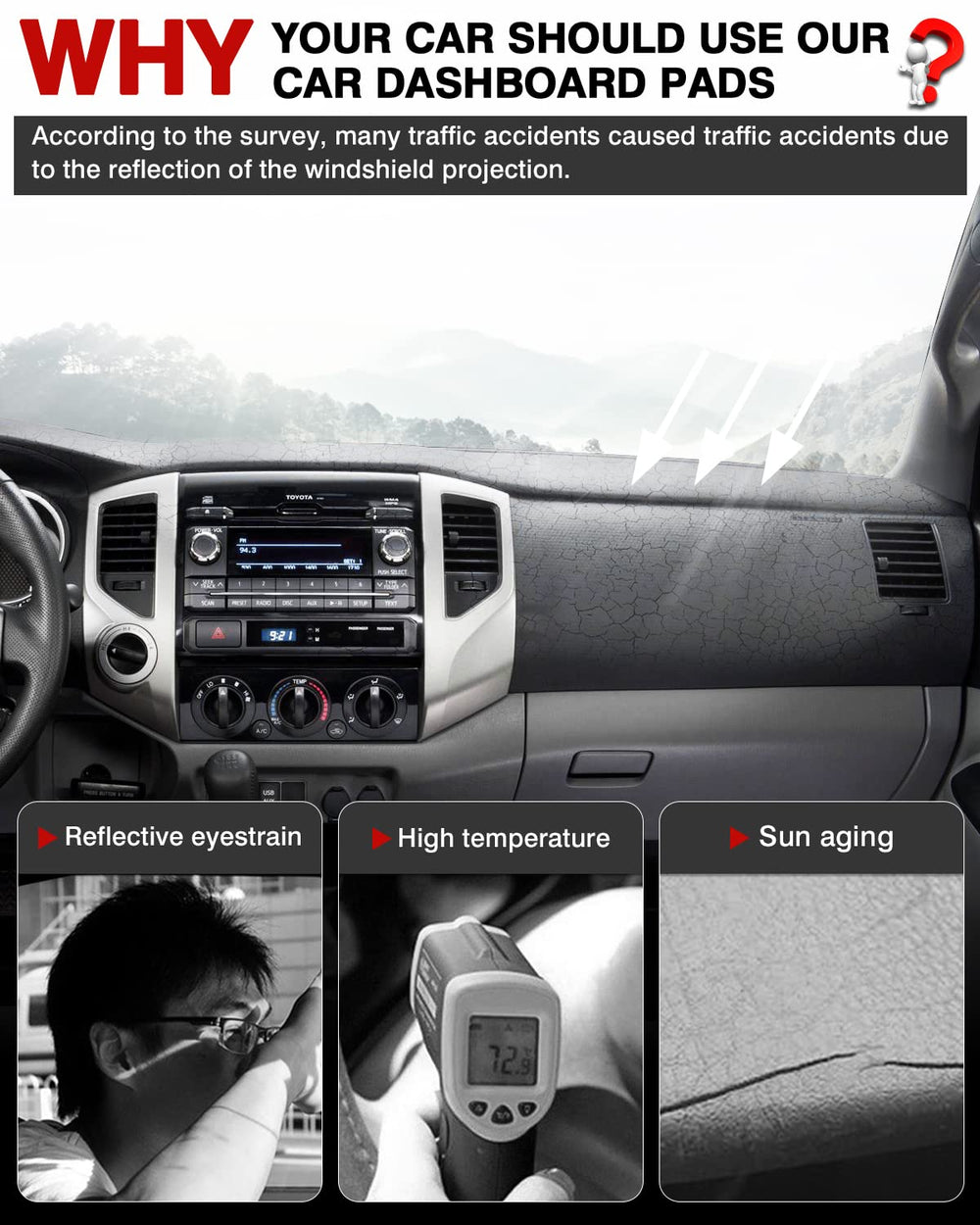 Autorder dash mat in soft flannel fabric absorbs heat to keep dash cooler.