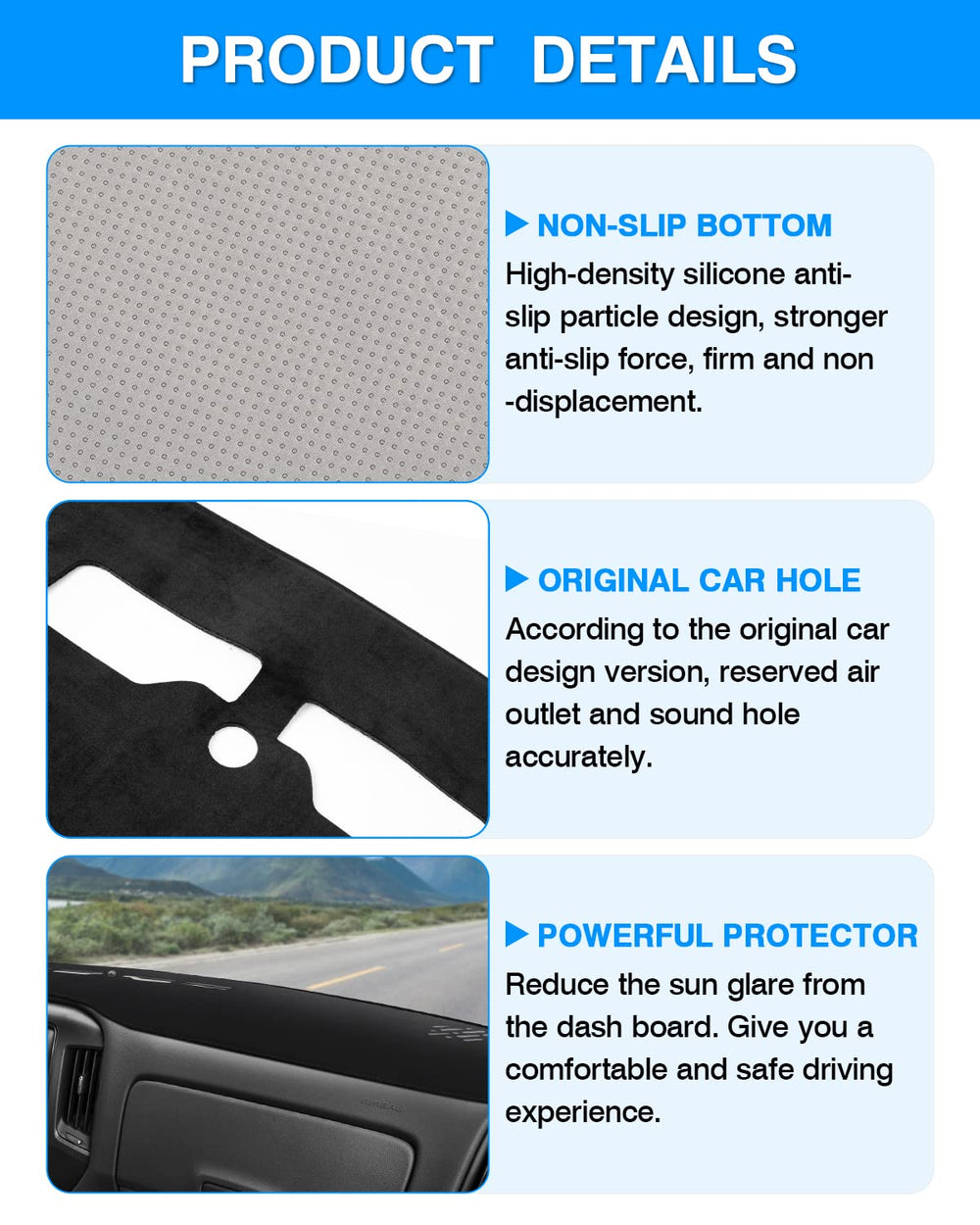 Autorder dashboard cover demonstrates heat-absorption to help keep the dash comfortable.
