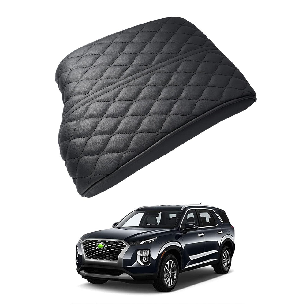 Autorder Palisade center-console-cover front view highlights precise fit and sleek black leather.