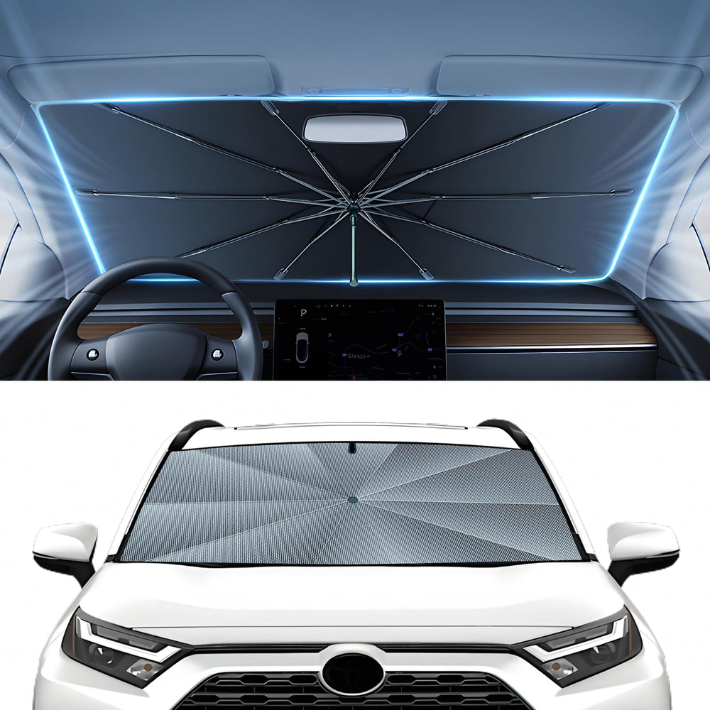 Autorder windshield sun shade umbrella over Rav4 window blocks sun and maintains cooler cabin.