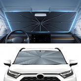 Autorder windshield sun shade umbrella over Rav4 window blocks sun and maintains cooler cabin.
