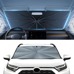 Autorder windshield sun shade umbrella over Rav4 window blocks sun and maintains cooler cabin.