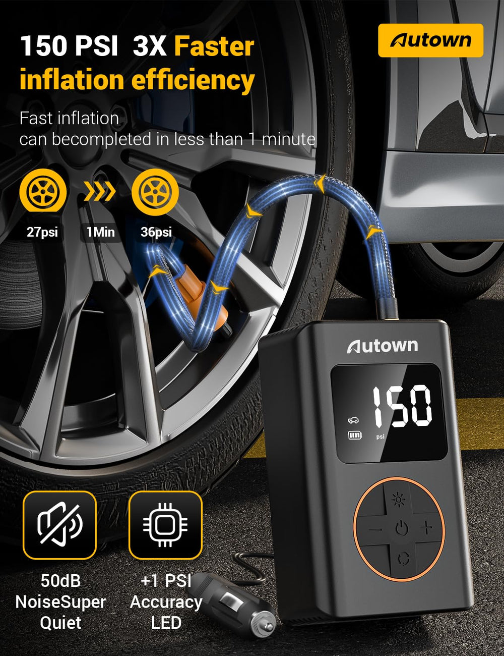 AUTOWN air compressor with gauge helps confirm tire inflation on the go.