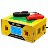 AUTTGINN battery charger with LCD display showing charging progress.