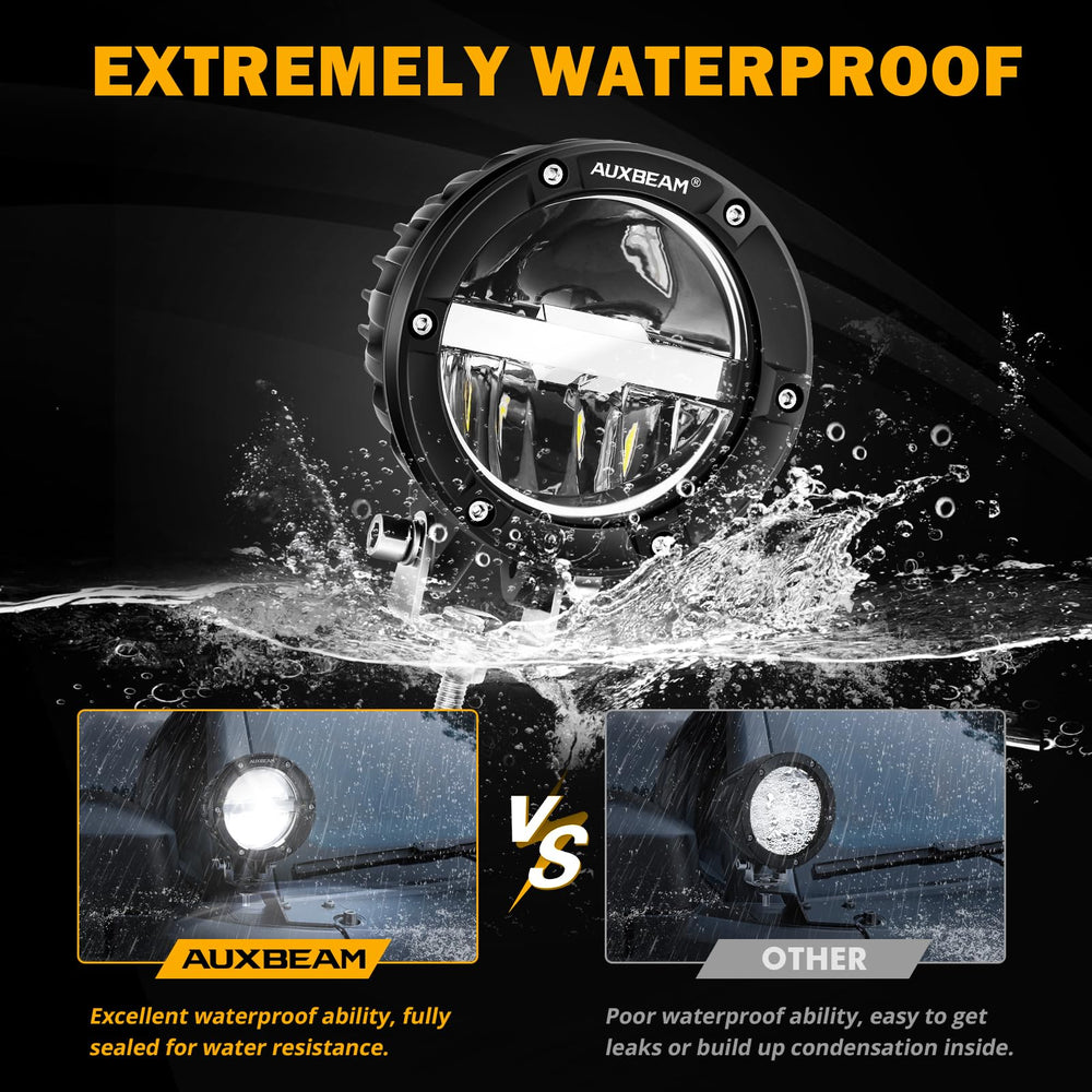 Auxbeam 4-inch round offroad light with IP68 waterproof rating stands up to rain and mud.