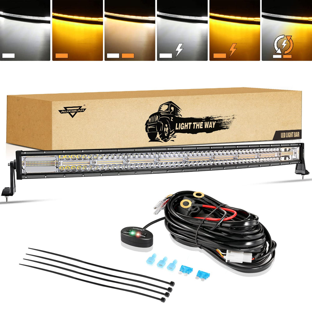 Auxbeam 42-inch LED light bar amber and white beams illuminate off-road paths