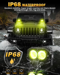 Auxbeam amber fog light pod close-up LED chip detail.