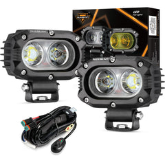 Auxbeam 4-inch LED pod light front view highlighting wide flood beam for visibility.