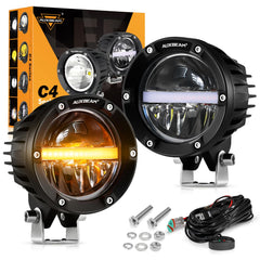 Auxbeam 4in round offroad light with amber DRL for enhanced daytime visibility.