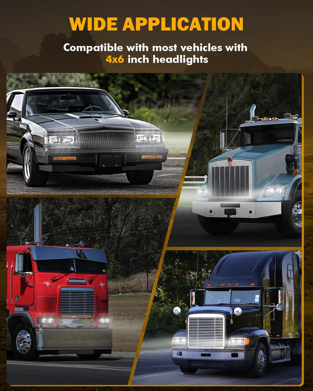 Auxbeam 4x6 LED headlights broad vehicle compatibility fits trucks and more