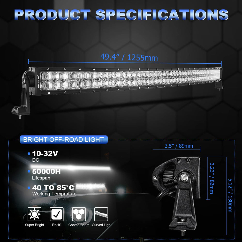 Auxbeam 50-inch curved LED light bar beam pattern shows spot and flood distribution.