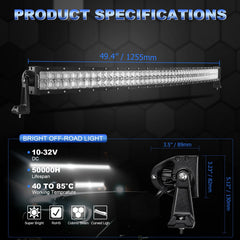 Auxbeam 50-inch curved LED light bar beam pattern shows spot and flood distribution.